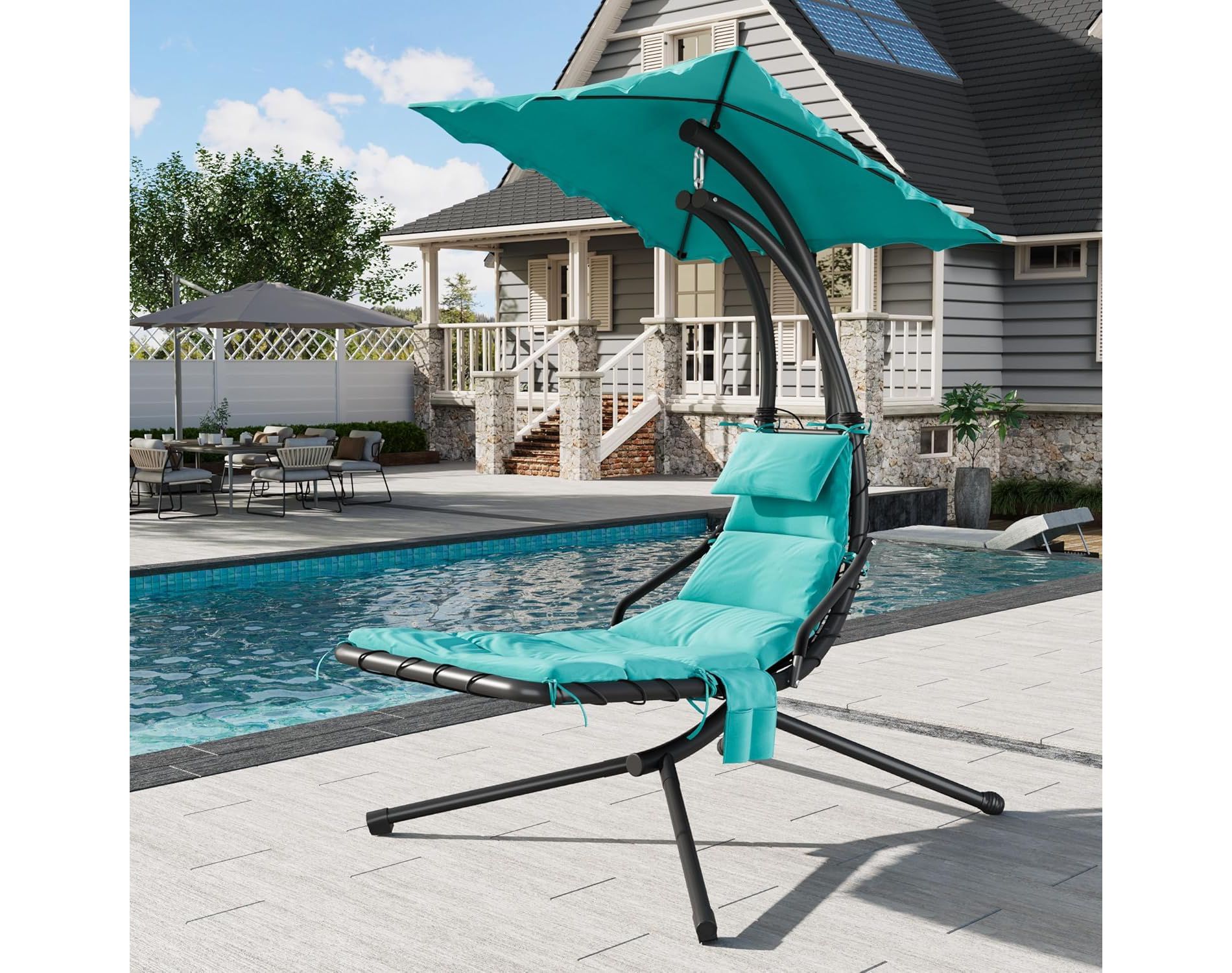 Outdoor Hanging Curved Steel Chaise Lounge Chair Curved Steel Hammock Lounger Chairs Swing with Pillow and Removable Canopy