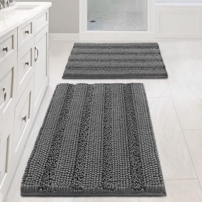 Attop Bathroom Rugs, Bath Mat Set of 2 Extra Thick Chenille Striped Pattern Shaggy Bath Rugs for Bath Room