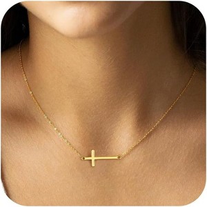 Layered Sideways Cross Necklace 14K Gold Plated Dainty Choker for Women - 1 of 4