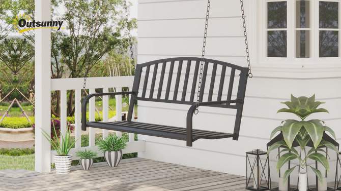 Outsunny 2-Person Metal Outdoor Porch Swing, Hanging Outdoor Swing Chair, Hanging Steel Patio Bench for Deck, 528lb Weight Capacity, Black, 2 of 10, play video