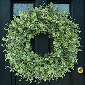 26 inch artificial eucalyptus wreath with white seeds greenery for front door porch farmhouse home outdoor spring summer - 1 of 4
