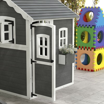 Gray and White Wooden Outdoor Playhouse with Planter Box