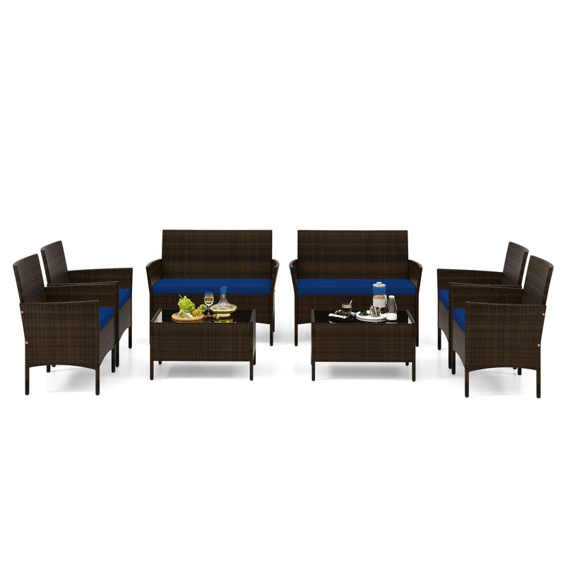 Tangkula 8 Piece Patio Rattan Conversation Set Outdoor Wicker Furniture Set w/ Chair Loveseat & Tempered Glass Table Beige/Black/Gray/Navy/Turquoise, 1 of 10