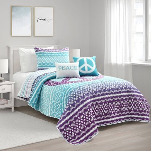 4pc Twin/XL Peace Ombre Kids' Quilt Set Purple/Blue - Lush Décor: Kids Bedding, Microfiber, Year-Round, Breathable - 1 of 4