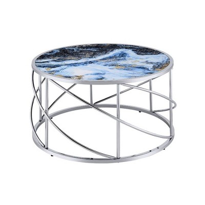Blue Marble Print and Chrome Round Coffee Table