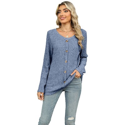 Coolmee Womens Long Sleeve Tunic Top Ribbed Knit Shirts Casual Lightweight Sweaters with Buttons