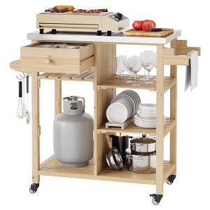 Outdoor Grill Cart, Solid Wood BBQ Cart Prep Table, Portable Rolling Kitchen Island with Stainless Steel Top, Drawer, & Open Shelves - 1 of 4
