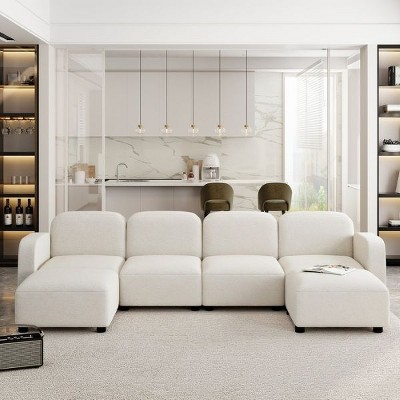 YOOCOZZ Teddy Velvet Sectional Sofa with Movable Ottomans and Circular Arc Design - Beige