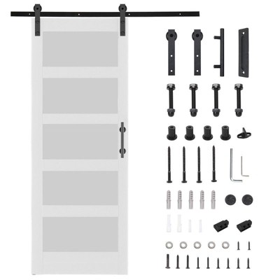 Karl Home 30 in. x 84 in. 5 Lite Tempered Frosted Glass White Primed Glass Sliding Wood Barn Door with Hardware Kit