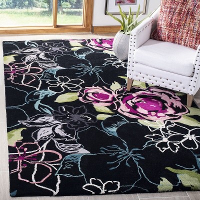 Black Floral Handmade Wool 8' x 10' Area Rug