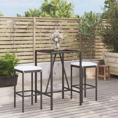 vidaXL - 3 Piece Patio Bar Set with Cushions Black Poly Rattan/Stylish Garden Pub Table and Stools/Tempered Glass Top/Weather-Resistant for Patio