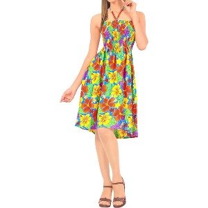 LA LEELA Women's Summer Boho Beach Smocked Mini Flowy Dress Tube Top Strapless Dresses for Women One Size Fern, Floral - 1 of 3