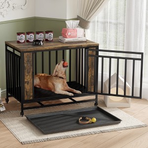 Dog Crate Furniture with Wheels, Iron Door and Tray, Wooden Dog Kennel Heavy-Duty Dog Cage - 1 of 4