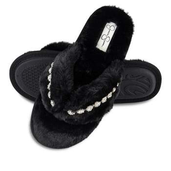 Jessica Simpson Women's Plush Faux Fur Fuzzy Slide On Open Toe Thong Slipper with Memory Foam