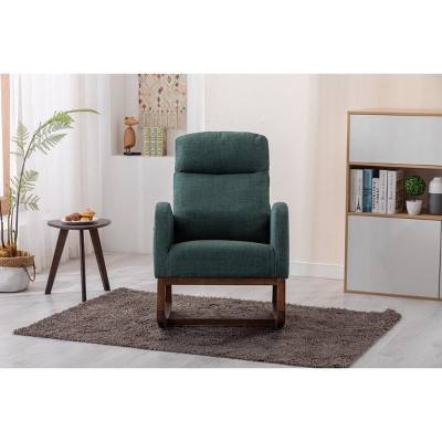 CAVINAS Linen Upholstered Accent Chair with Wood Legs,Modern Rocking Chairs with High Back and Side Pocket for Bedroom,Reading Room