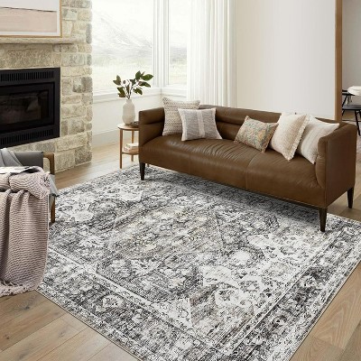 8x10 Vintage Distressed Washable Area Rug, Non-Slip, Non-Shedding, Stain-Resistant, Ultra-Thin Foldable Floral Print Floor Cover, Grey Brown