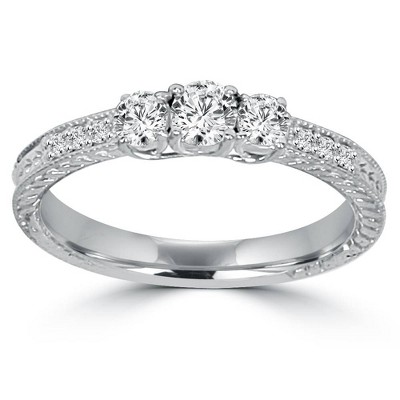 Pompeii3 1ct Vintage Three Stone Round Diamond Engagement Ring 14K White Gold