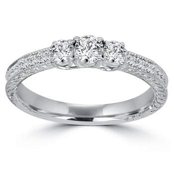 Pompeii3 3/4ct Vintage Three Stone Round Diamond Engagement Ring 14K White Gold