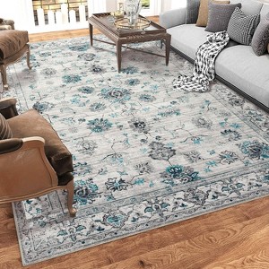3x5 Rug Vintage Floral Washable Rug Oriental Distressed Living Room Rug Non Slip Backing Soft Faux Wool Throw Carpet Low Pile Foldable Thin Rug Beige - 1 of 4