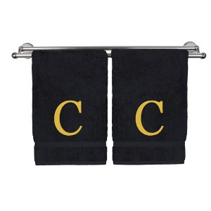BC BARE COTTON Monogrammed Hand Towel, 100% Turkish Cotton - Set of 2 - Black - Gold Block - 1 of 4