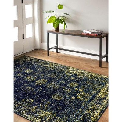 Navy Blue and Yellow Floral Motif Area Rug