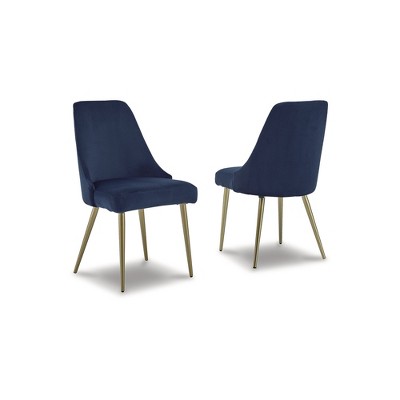 Blue Velvet Upholstered Dining Chair with Gold Metal Legs, Set of 2