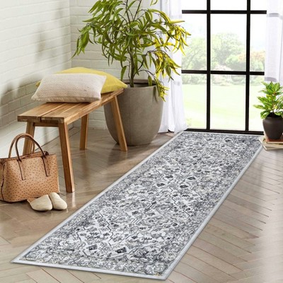 Entryway Runner Rug - Washable Vintage Low Pile Carpet, Non-Slip Lightweight Floor Mat for Kitchen, Bedroom & Bathroom