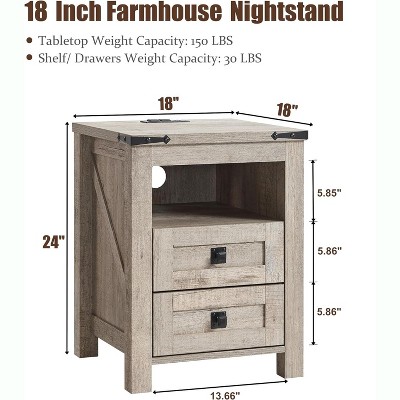 Gray Farmhouse Nightstand with Charging Station and Storage