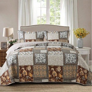 Reversible Floral Quilt Set, Queen Size. 1X Quilt (90 *98 Inch) + 2 X Pillowcase (20 *27 Inch) - 1 of 4