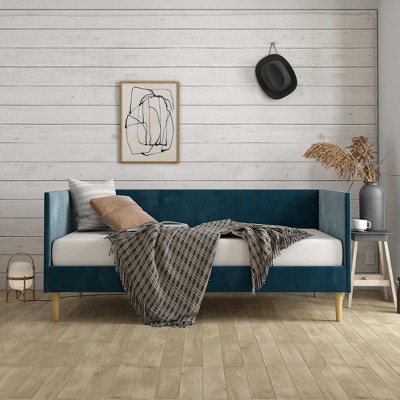 Twin Blue Velvet Upholstered Daybed with Wooden Slats