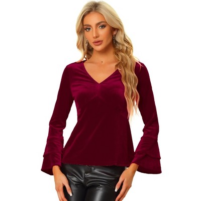 INSPIRE CHIC Women's Regular Fit V Neck Velvet Flare Long Sleeve Peplum Blouse