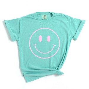 Simply Sage Market Women's Smiley Face Outline Puff Print Short Sleeve Garment Dyed Tee - 1 of 4