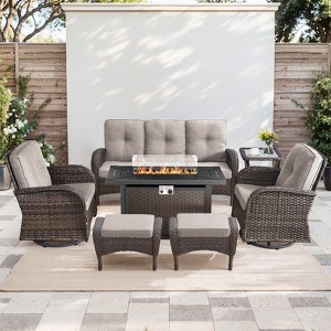 Buenhomino 7PCS Patio Conversation Set Brown Wicker Swivel Patio Chair Sofa Ottoman Set with Side Table and Fire Table PE Rattan Furniture Set - 1 of 4