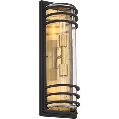 21" Black and Brass Industrial Outdoor Wall Light with Clear Glass