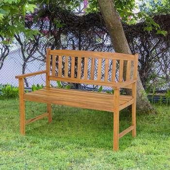 Costway Patio Acacia Wood Bench 2-Person Slatted Seat Backrest 800 Lbs Outdoor Natural