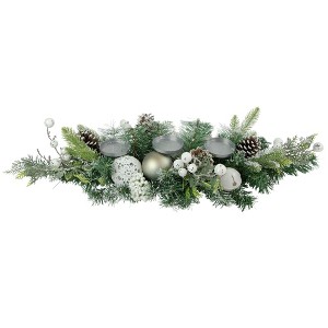 Northlight Frosted Pine and Pinecones with Laced Ornaments Christmas Triple Candle Holder - 32" - 1 of 4