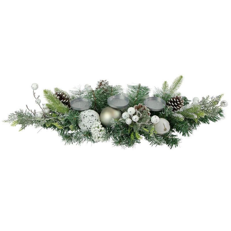 Northlight 32" Green Frosted Pine Triple Candle Holder with Christmas Ornaments and Pinecones, 1 of 8