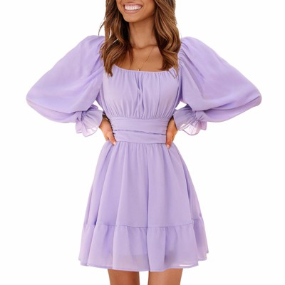 EXLURA Women's 2025 Casual Long Lantern Sleeve Dresses Square Neck Ruffle Tie Back Elastic Waist Aline Short Mini Dress