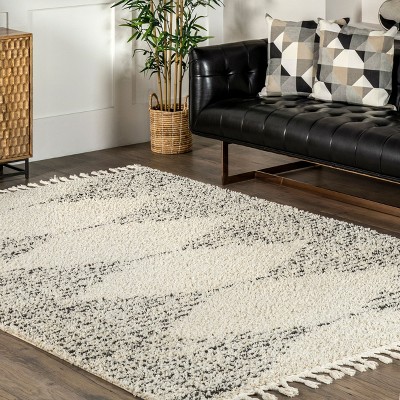 Off-White Synthetic Square Shag Rug with Braided Tassels