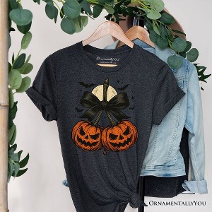 Pumpkin Cherries Coquette Bow T-Shirt, Retro Halloween Fall Season Tee for Sweet Autumn Girls| OrnamentallyYou - 1 of 4