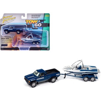 1985 Toyota SR5 Pickup Dark Blue with Graphics & Boat with Trailer Ltd Ed "Tow & Go" Series 1/64 Diecast Model Car by Auto World