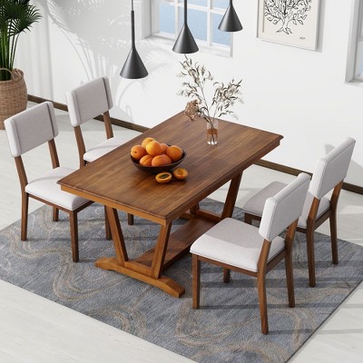 Rustic 5-Piece Dining Set: 59 Rectangular Trestle Table, 4 Upholstered Chairs