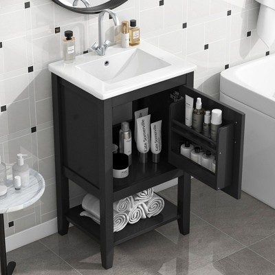 Okak 20" Bathroom Vanity Set, Compact Cabinet with Single Ceramic Sink & Silent-Magic Door, Open Shelf Storage for Small Apartment