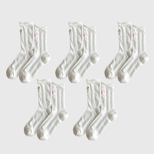 Alilang Adorable Women's Bow-Embroidered Ribbed Ankle Socks 5Pk - 1 of 4