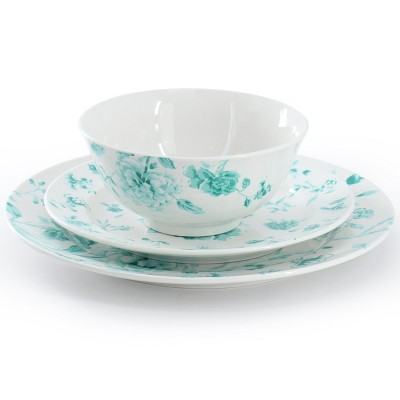 Teal Floral Porcelain 12-Piece Round Dinnerware Set