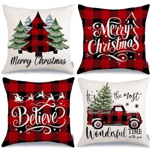 Merry Christmas Throw Pillow Covers 18x18 Inch Set of 4, Xmas Trees Truck Buffalo Plaid Believe - 1 of 4