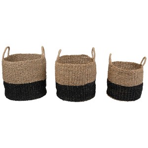 Northlight Round Wicker Table and Floor Baskets - Beige and Black - Set of 3 - 1 of 4