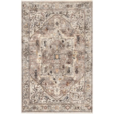 Elegant Light Brown Medallion Fringe 4' x 6' Synthetic Area Rug