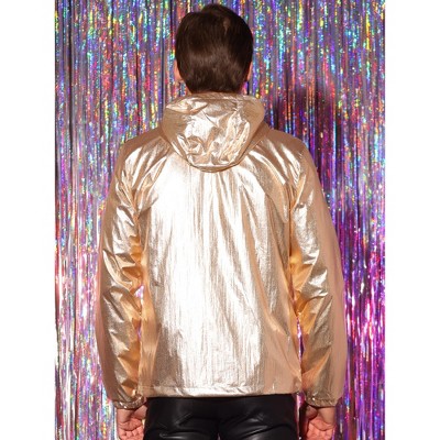 Lars Amadeus Men's Drawstring Hooded Zipper Party Club Metallic Windbreaker Golden XX Large — фото 3