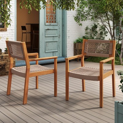 Coolbibila Modern Outdoor Patio Woven Rope Dining Chairs Set of 2, Teak Finish Solid Acacia Wood Dining Room Chairs,Kitchen Arm Chair